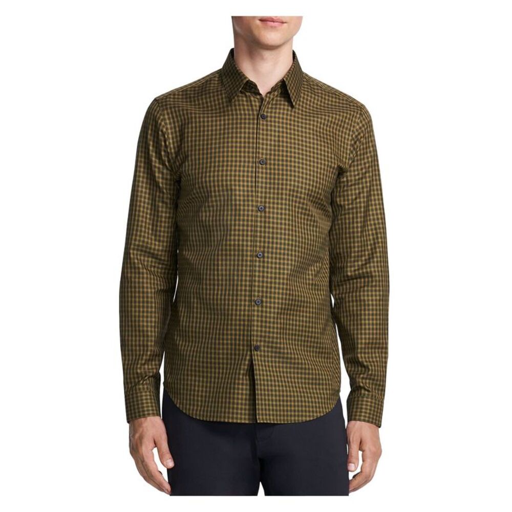 THEORY Mens Gold Gradient Check Collared Dress Shirt S